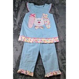 Rare Editions Easter Rabbit Bunny Blue Gingham 2pc Outfit Size 6